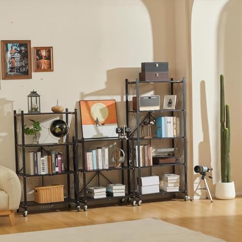 DEANIC 3 Tier Foldable Storage Shelves with Wheels, Kitchen Appliance Stand, ...