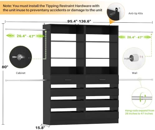 Aheaplus Closet System, 6-15Ft Custom Wood Closet Organizer with 8 Drawers