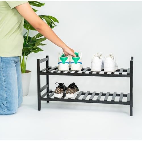 PJ Wood - Wooden 2 Tier Shoe Rack - 6 Pair Storage, Black
