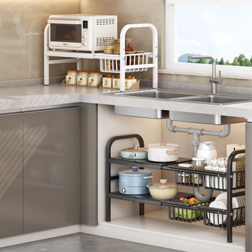 Under Sink Organizer，2 Tier Expandable Heavy Duty Metal Shelf，with 5 Removabl...
