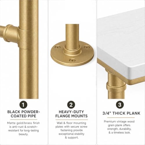 KaKaBB Industrial Pipe Clothing Rack with Shelves, Wall Mounted Gold Corner C...