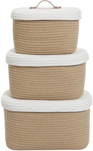 Cottonphant Set of 3 Nesting Cotton Rope Baskets with Lids, Decorative Woven ...