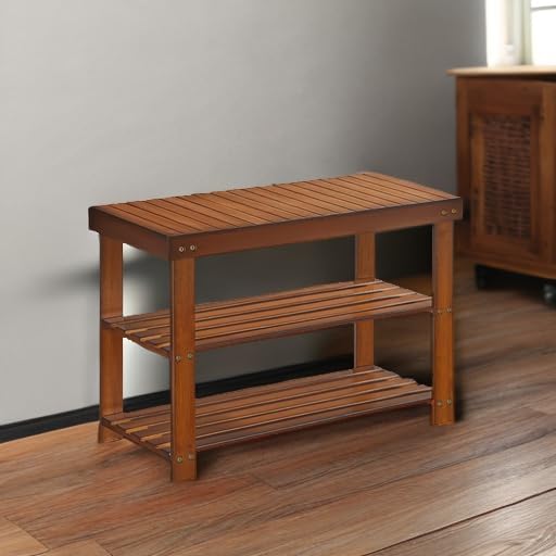 SONGMICS Shoe Rack Bench, 3-Tier Bamboo Entryway Bench, 27.6 Inches Width