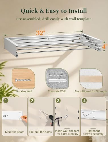32'' Wall Mounted Clothes Drying Rack, Foldable & Collapsible Wal...