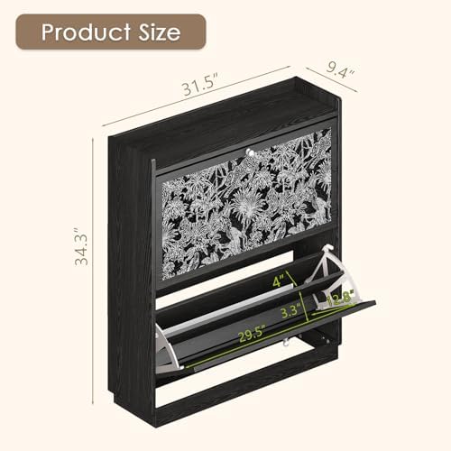 Slim Shoe Cabinet for Entryway with 2 Flip Drawers, Black Wood