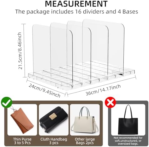 Stackable Bag & Purse Organizer for Closet Shelf Acrylic Shelf Dividers f...