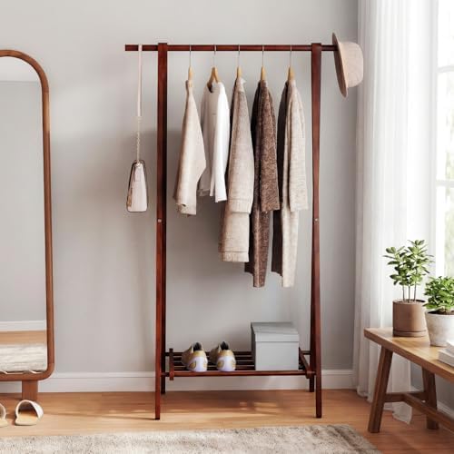GIANTEX Folding Clothes Rack, Solid Wood Clothing Rack with Storage Shelf