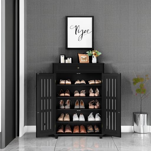 Topeakmart Shoe Rack Storage Cabinet with Louvered Door for Entryway Black