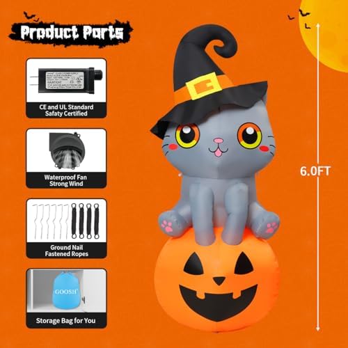 GOOSH 6 FT Halloween Inflatables Cat Outdoor Decorations Blow Up Yard Cute Wi...