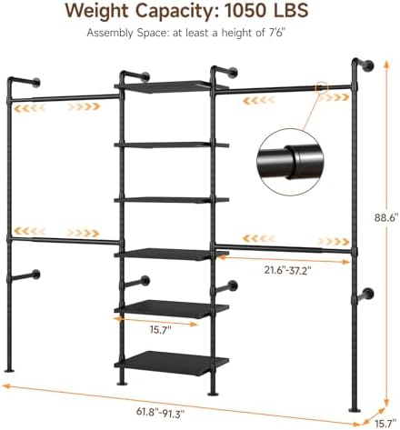 T1 Wall Mounted Closet System, Industrial Pipe Clothing Rack with 6 Wooden Sh...