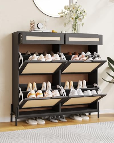 GarveeHome Rattan Shoe Cabinet Storage with 4 Flip Drawers & 2 Top Drawer...