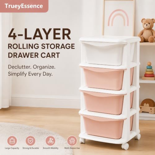 4 Tier Rolling Storage Drawer Cart, Plastic Storage Trolley with Wheels 4 Dra...
