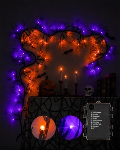 9 FT Halloween Twig Garland Decoration with 45 Purple and Orange LED Lights