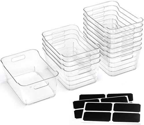 12 PACK Multi-Use Clear Plastic Storage Bins for Organizing w/Labels - Home, ...