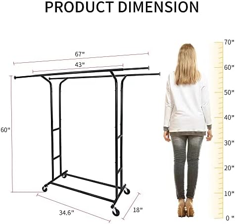 Fishat Black 60" H Heavy Duty Double Rod Rolling Clothes Garment Rack