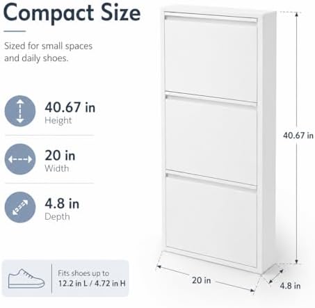 Wall Mounted Shoe Storage Cabinet, 3 Tiers 20 Inch Shoe Cabinet, White Flip-D...