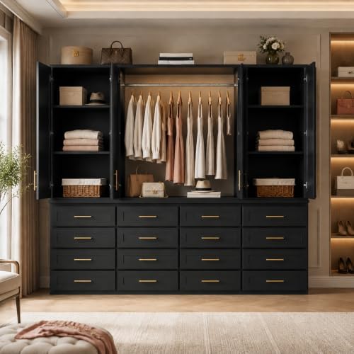 FUFU&GAGA 94.5” Wardrobe Armoire Closet with 16 Drawers & 4 Doors, Black