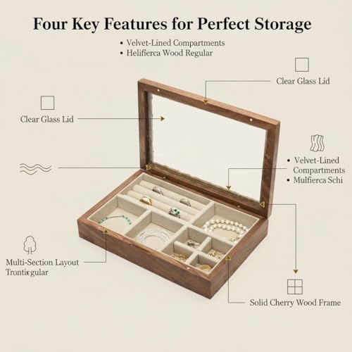 pandapark Wooden Jewelry Box with Glass Lid, Multi-Compartment Storage Displa...