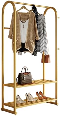Gold Clothing Rack with 2 Shelves and Side Hooks,Freestanding Metal Garment R...