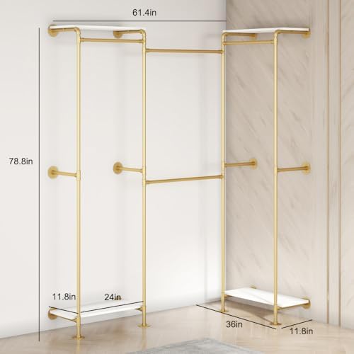 KaKaBB Industrial Pipe Clothing Rack with Shelves, Wall Mounted Gold Corner C...