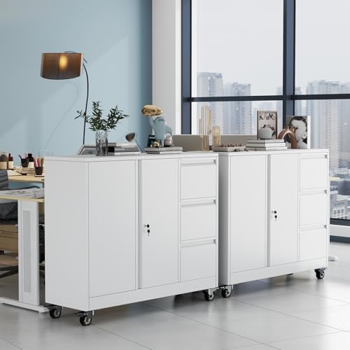 3 Drawer Lockable Lateral Mobile Steel File Cabinet with Wheels, White