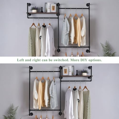 Industrial Pipe Clothing Rack, Wall Mounted Heavy Duty Garment Rack with Wood...