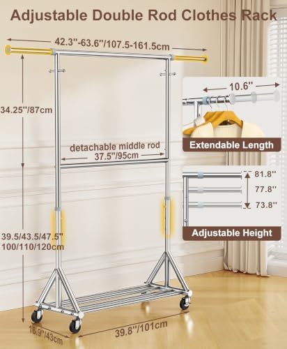 100% Stainless Steel Heavy Duty Clothes Rack Load 860 LBS, Two Tier Rolling G...