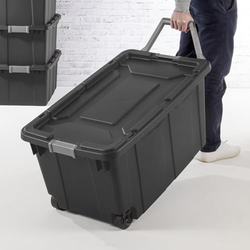 40-Gallon Industrial Storage Bin with Wheels, Heavy-Duty Resin Plastic Tool B...