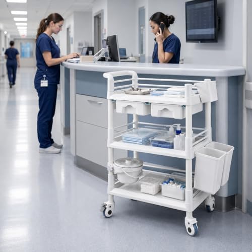 Rolling Utility Cart,Qiwey Medical Utility Cart with Drawers,3-Tier Esthetici...