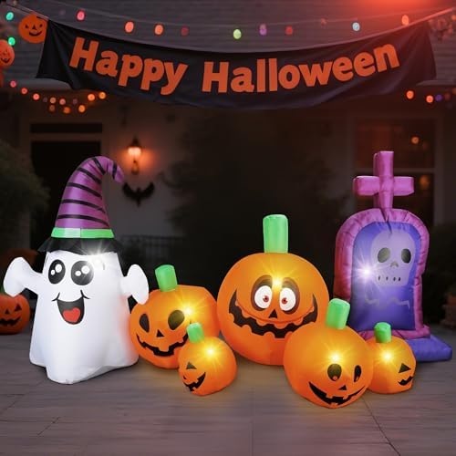 3.7Ft Halloween Inflatable Tombstones Haunted House Prop LED Lights for Hallo...