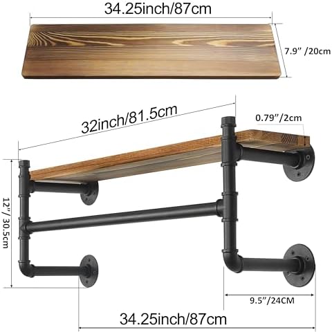 WEBI Wall Mounted Clothes Rack with Shelf,32" Industrial Pipe Clothing R...