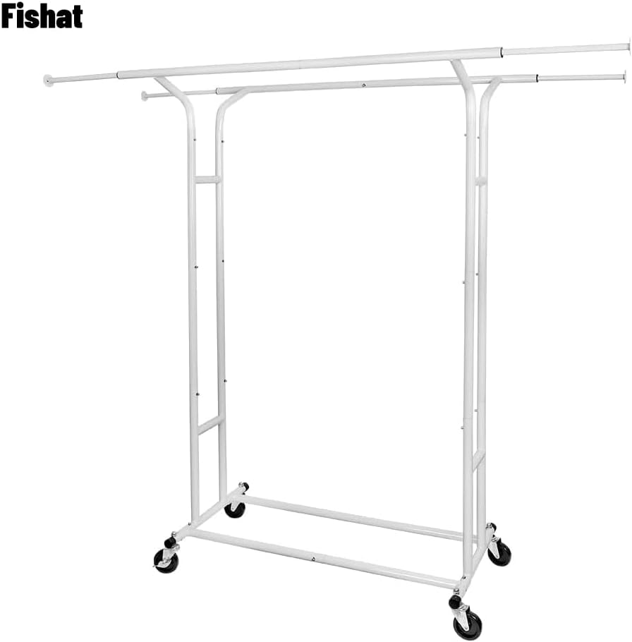 White 60" H Heavy Duty Double Rod Rolling Garment Clothes Rack