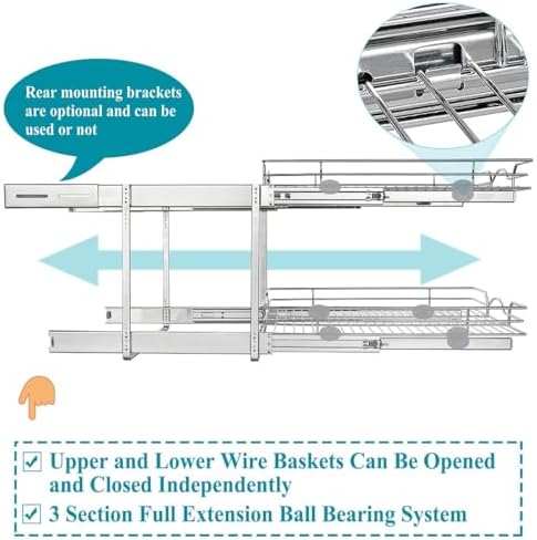OCG 2 Tier Pull Out Cabinet Organizer (18.5" W x 21" D), Pull Out D...