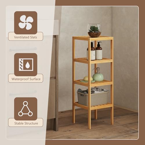 kinbor 4-Tier Bamboo Shelf, Bathroom Organizer, for Living Room Bathroom