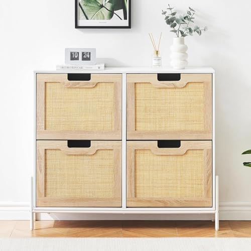 IDEALHOUSE Rattan Shoe Storage Cabinet with 4 Flip Drawers, Freestanding Shoe...