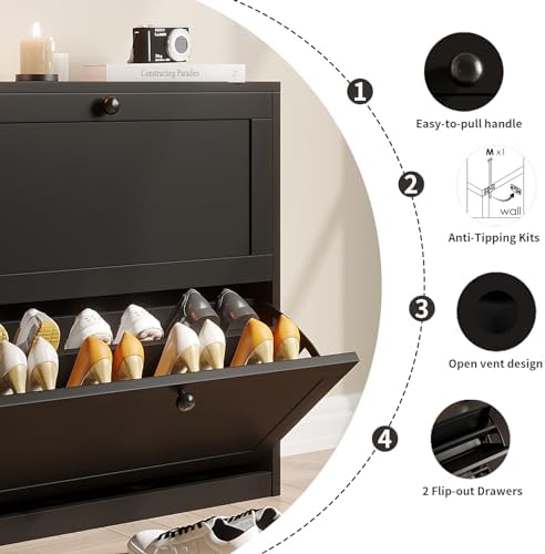 VOWNER Shoe Cabinet with 2 Flip Drawers, Freestanding Shoe Storage Cabinet wi...