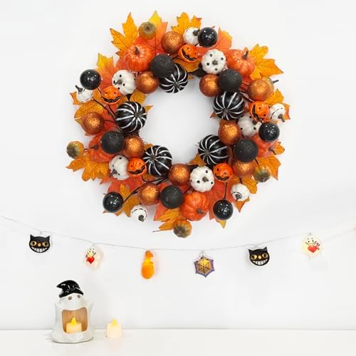 TOKCARE 22 Inch Halloween Wreath for Front Door with Pumpkins and Ornaments
