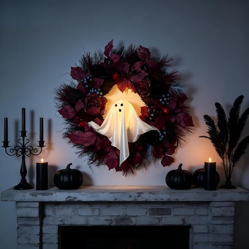 HipTree 20 Inch Lighted Ghost Halloween Wreath for Front Door