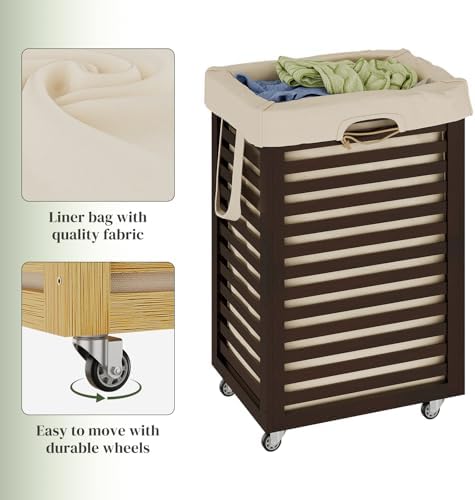 Bamboo Rolling Laundry Hamper 85L Clothes Storage Pin with Removable Liner