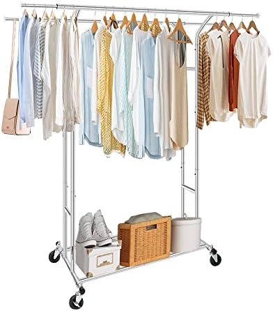 Fishat Silver 60" H Heavy Duty Double Rod Rolling Garment Clothes Rack
