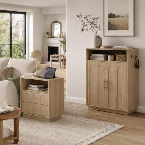 Shoe Cabinet with Arched Doors, 43" Hidden Shoe Storage, Oak