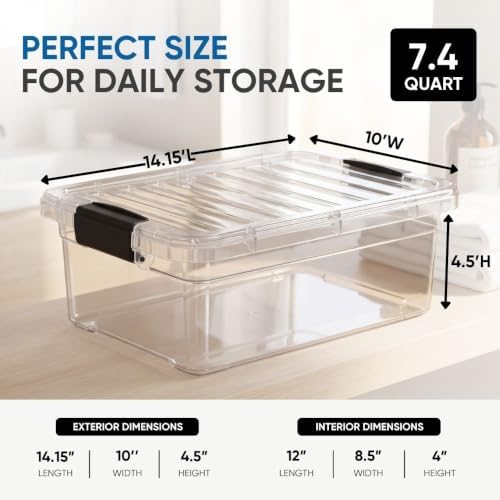 Superio 7.4 Quart Clear Plastic Storage Bin with Lid, Stackable Organizer Box...