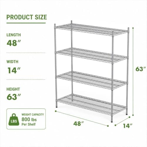 APLSS NSF 4-Tier Chrome Storage Shelves, 14"x48"x63", Dry Envi...