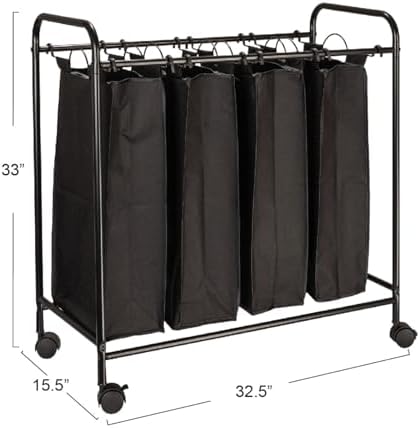 Household Essentials Rolling Laundry Sorter, 4 Bag Laundry Sorter Cart with W...