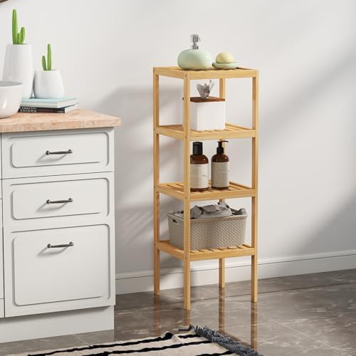 kinbor 4-Tier Bamboo Shelf, Bathroom Organizer, for Living Room Bathroom