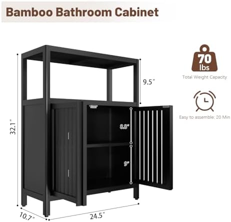 Bamboo Bathroom Storage Cabinet Furniture, Bathroom Floor Cabinet with 2 Shut...