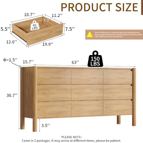 CHUWELL 63" Wide Oak 9 Drawer Dresser for Bedroom with Solid Wood Legs