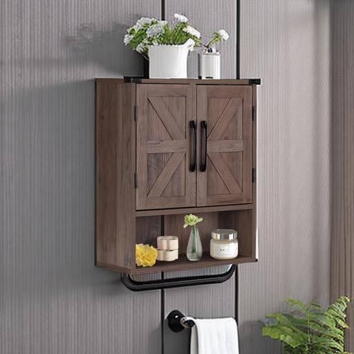 RUSTOWN Farmhouse Wall Storage Cabinet with 2 Barn Door & Towel Rack