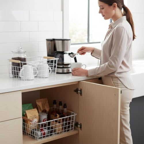 LeleCAT White Wire Baskets for Organizing with Handles，Pantry Organizers and ...