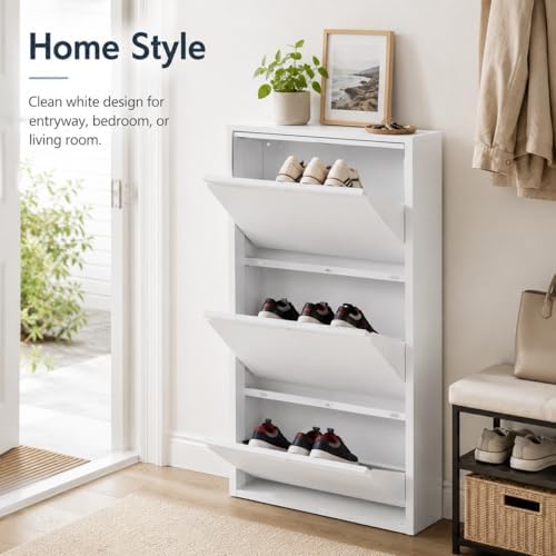 Wall Mounted Shoe Storage Cabinet, 3 Tiers 20 Inch Shoe Cabinet, White Flip-D...